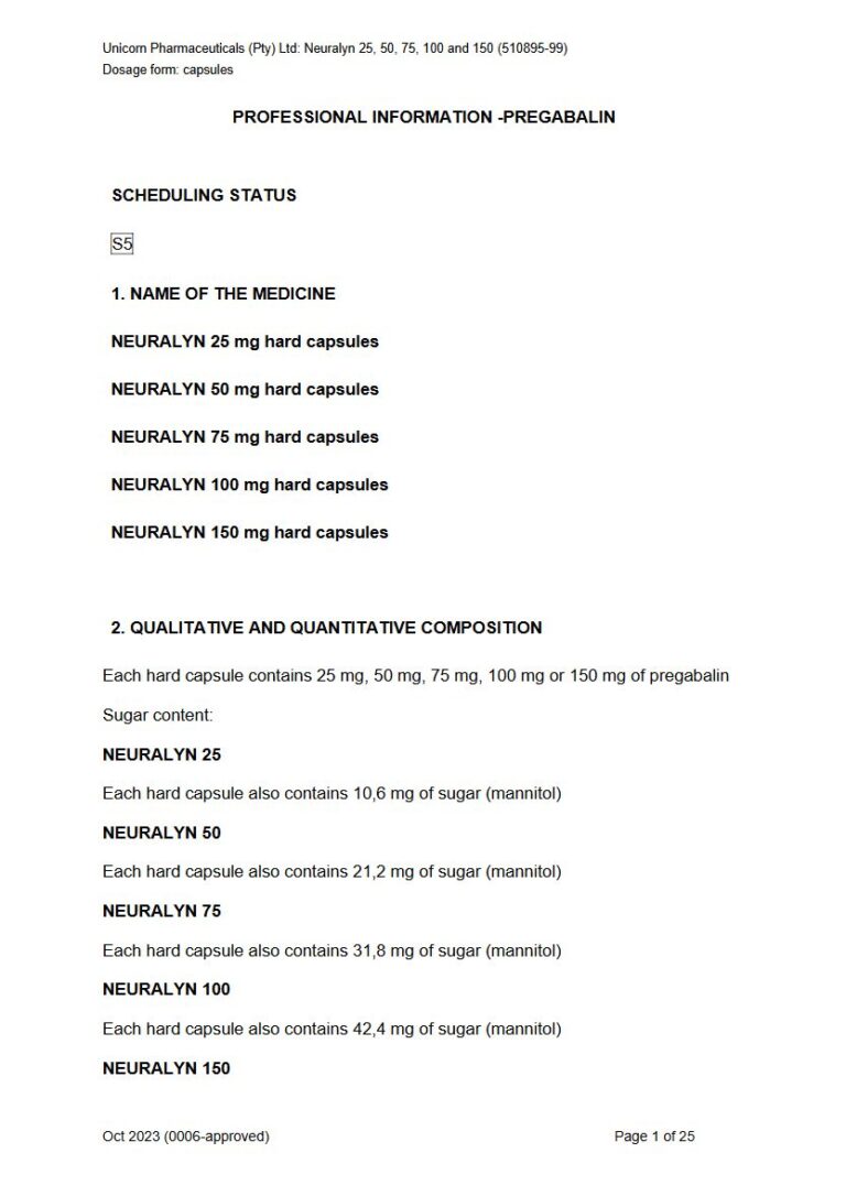 Neuralyn 25, 50, 75, 100 and 150 mg Capsules, hard package insert preview