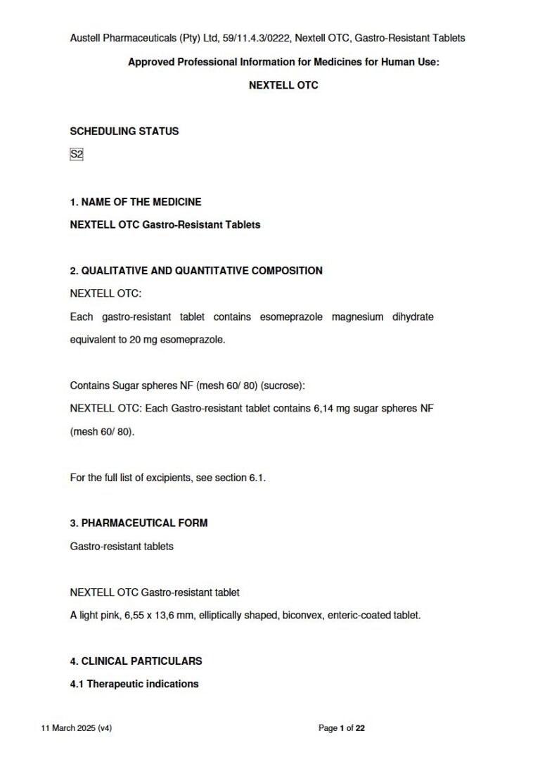 Nextell Otc 20 mg Gastro-resistant tablets package insert preview