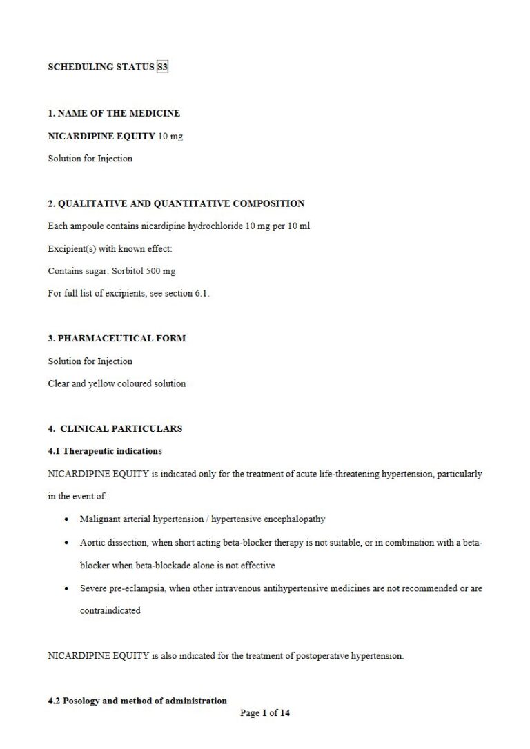 Nicardipine Equity 10 mg Solution for Injection package insert preview