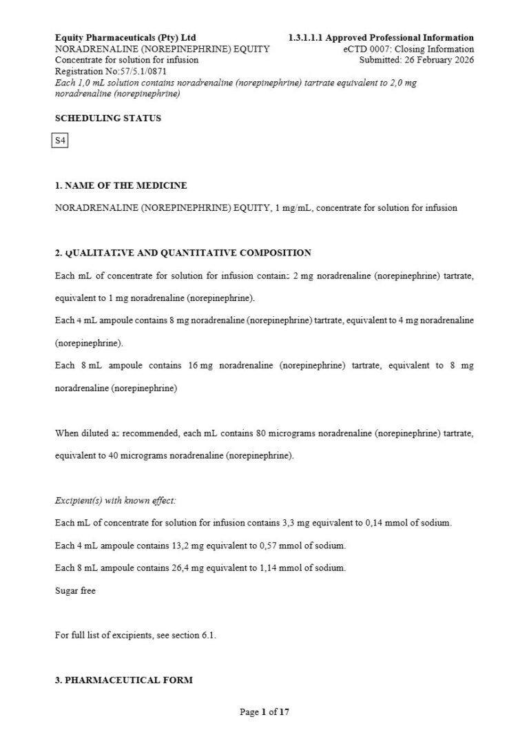 Noradrenaline Equity 1 mg Solution package insert preview