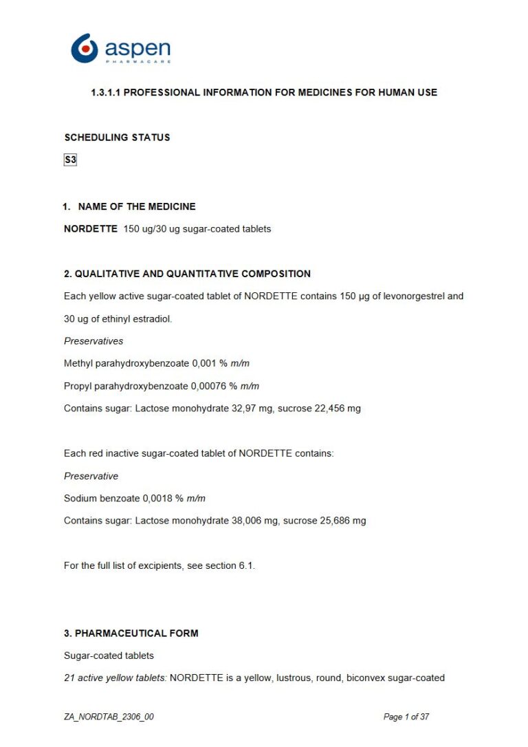 Nordette 150 ug/30 ug Sugar-coated tablets package insert preview