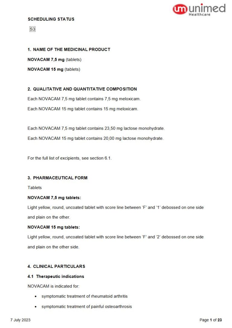 Novacam 7,5 mg/ 15 mg Tablets package insert preview