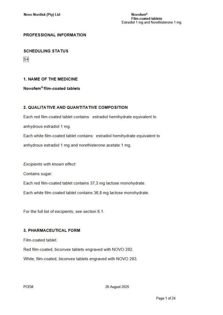 Novofem 1 mg. FC tablet. package insert preview