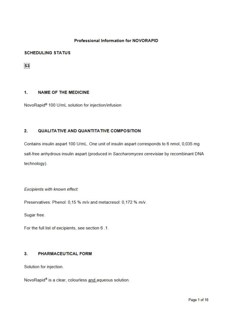 Novorapid 100 U/mL Solution for injection. package insert preview