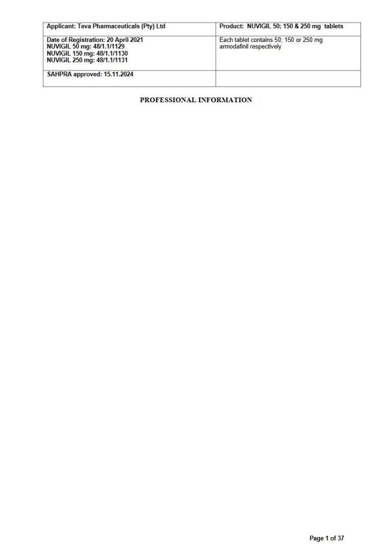 Nuvigil 50; 150 & 250 mg Tablets. package insert preview