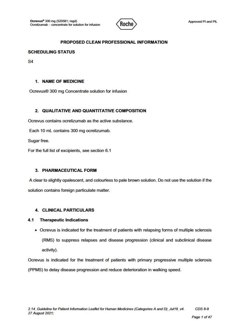 Ocrevusa 300 mg Concentrate solution for infusion package insert preview