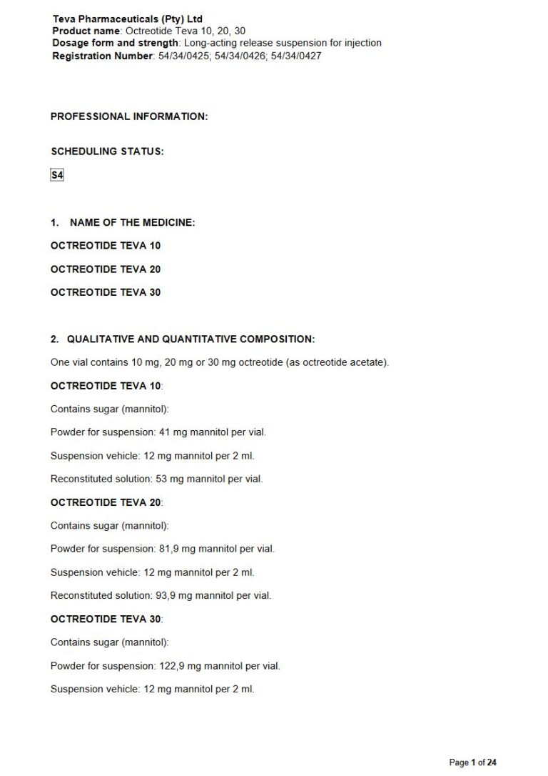 Octreotide Teva 10 mg/20 mg/30 mg Suspension package insert preview