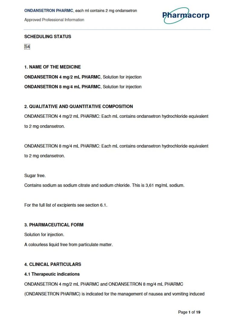 Ondansetron Pharmc 4 mg/2 mL & 8 mg/4 mL Solution for injection package insert preview