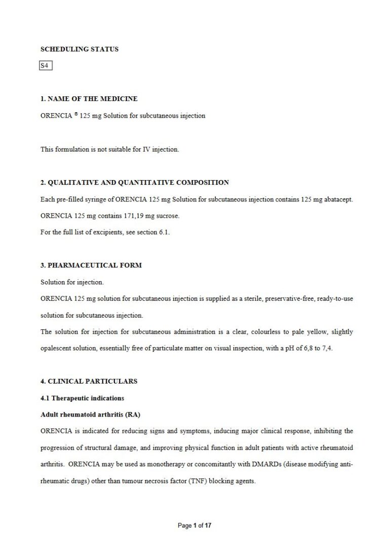 Orencia Sc 125 Mg Solution package insert preview
