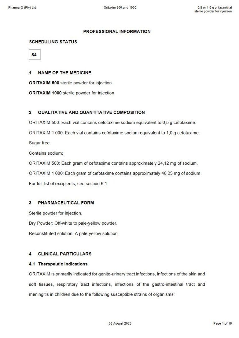 Oritaxim 500 and 1000mg sterile powder for injection package insert preview