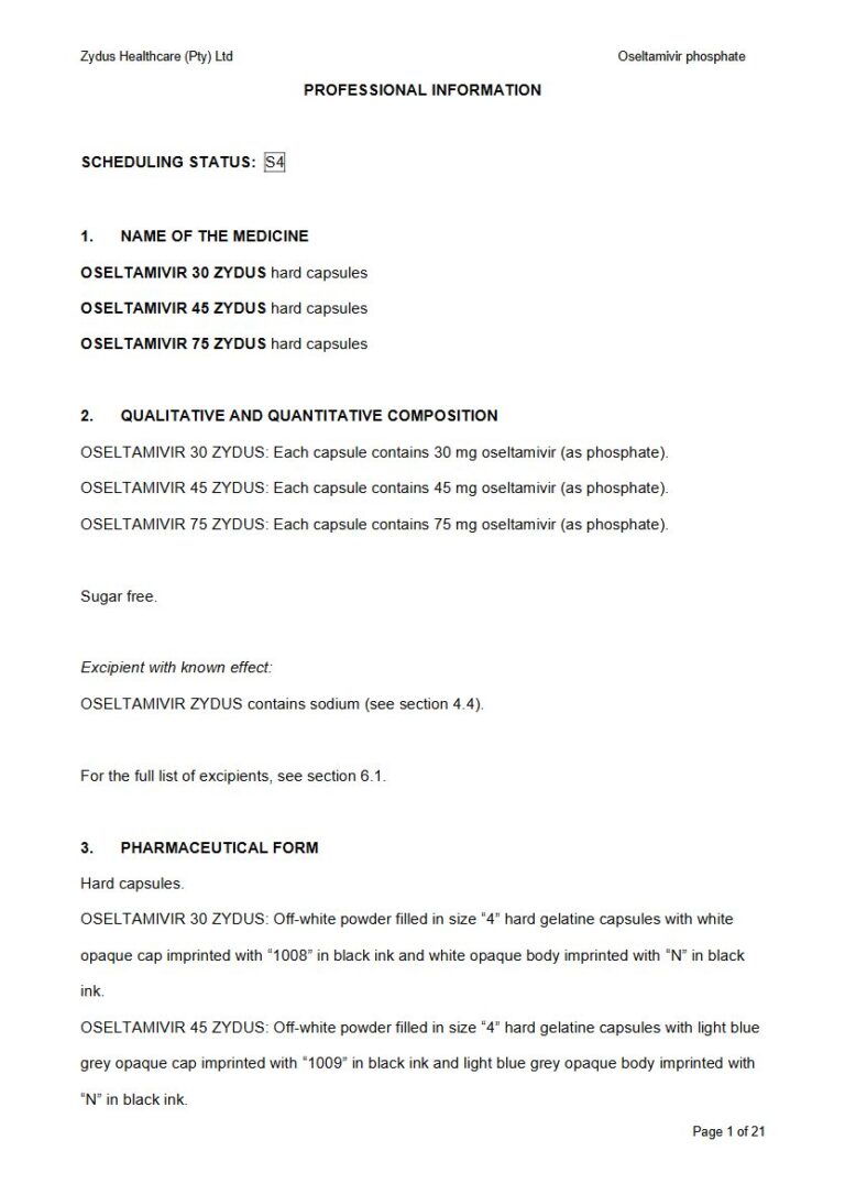 Oseltamivir Zydus 30 mg, 45 mg and 75 mg Hard capsule package insert preview