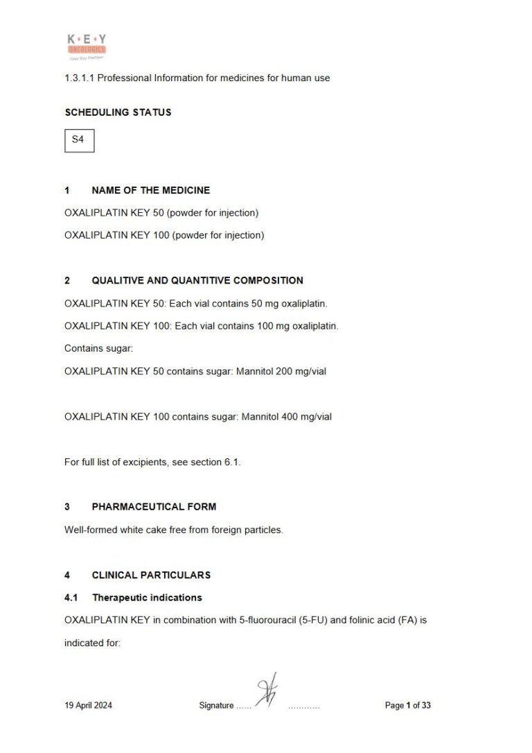 Oxaliplatin Key 50 mg, 100 mg Powder for injection package insert preview