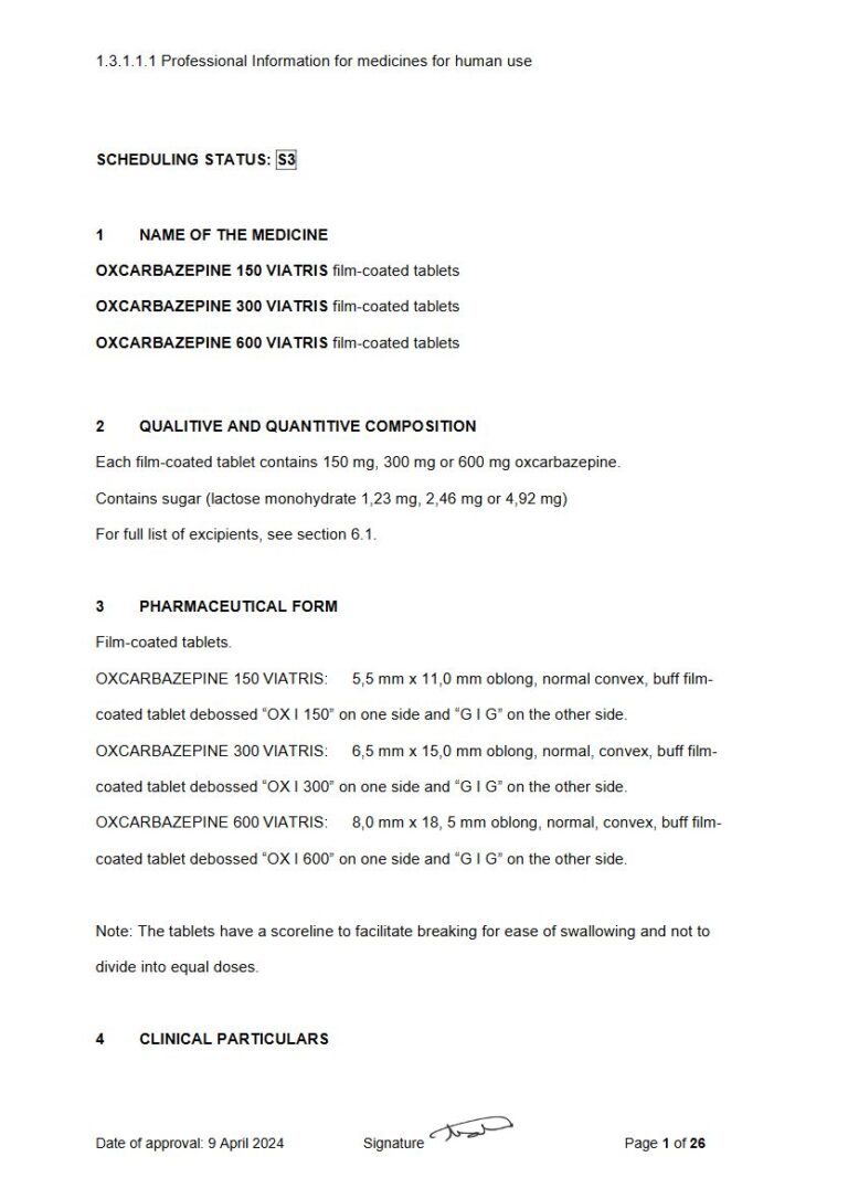 Oxcarbazepine 150 mg/300 mg/600 mg Film-Coated Tablets package insert preview