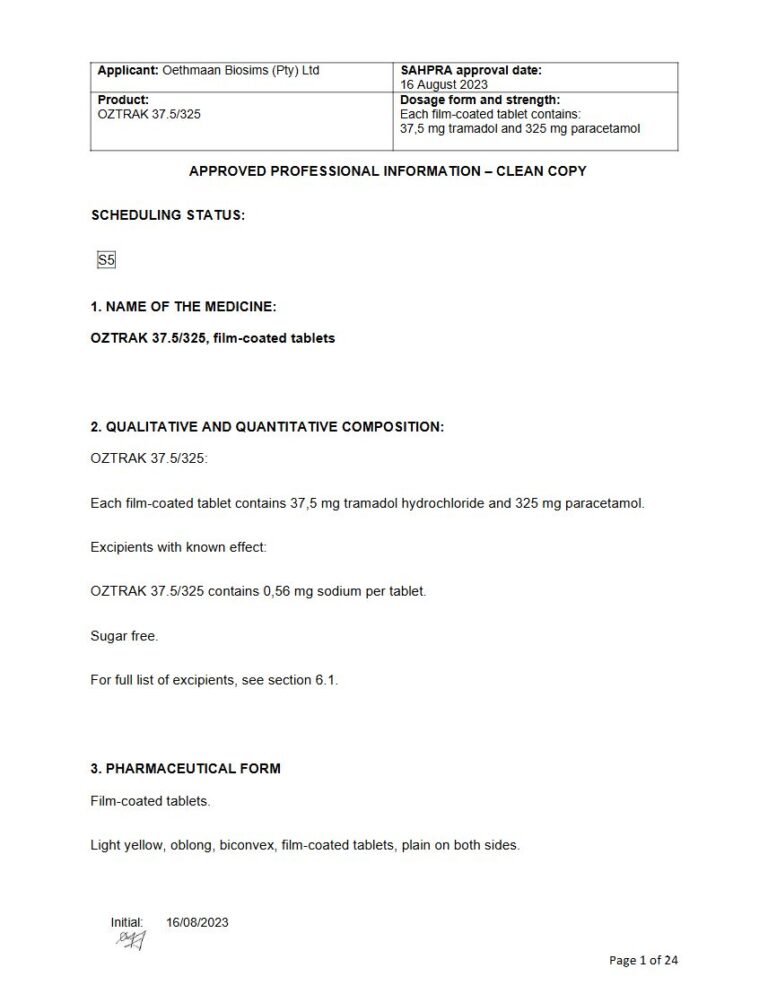 Oztrak 37,5 mg; 325 mg FC tablets package insert preview