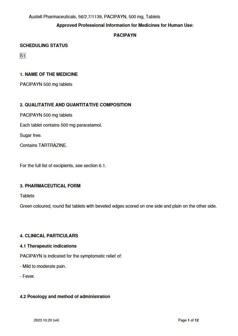 Pacipayn 500 mg Tablet package insert preview