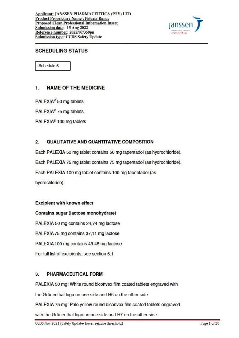 Palexia Range 50 mg. 75 mg. 100 mg Tablet. package insert preview