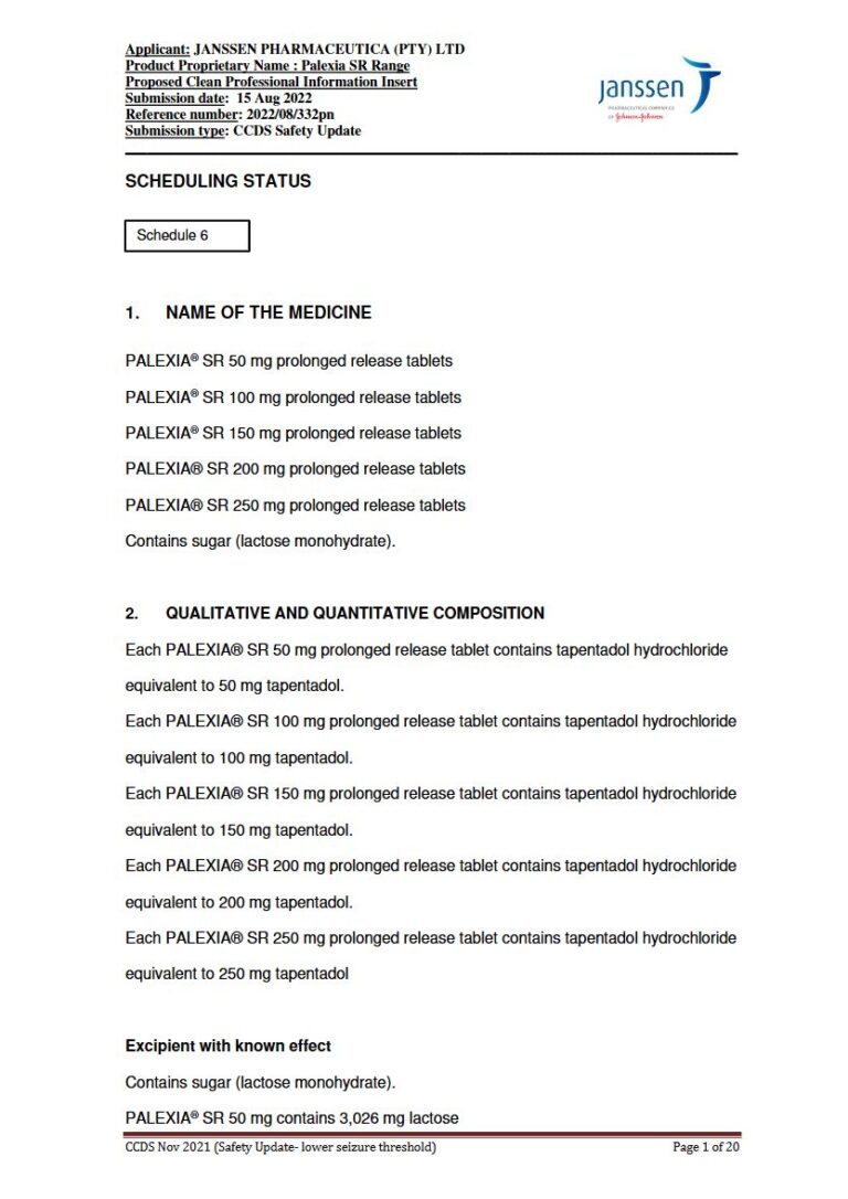 Palexia Sr Range 50 mg/100 mg/150 mg/200 mg/250 mg package insert preview