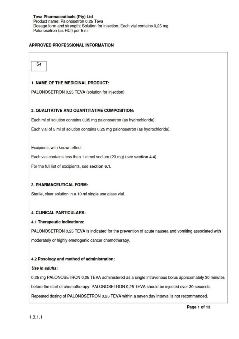 Palonosetron 0,25 Teva 0,25 mg Solution for injection; package insert preview