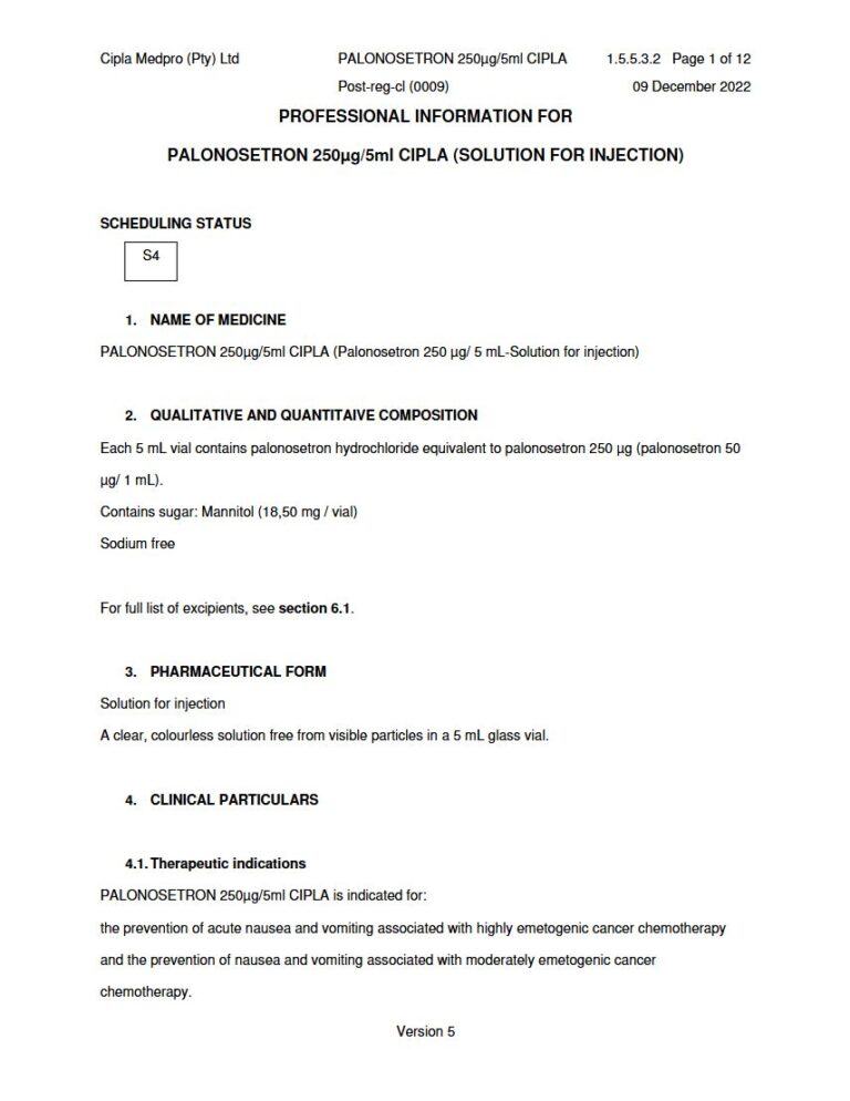Palonosetron 250 μg/ 5 mL Solution for injection package insert preview
