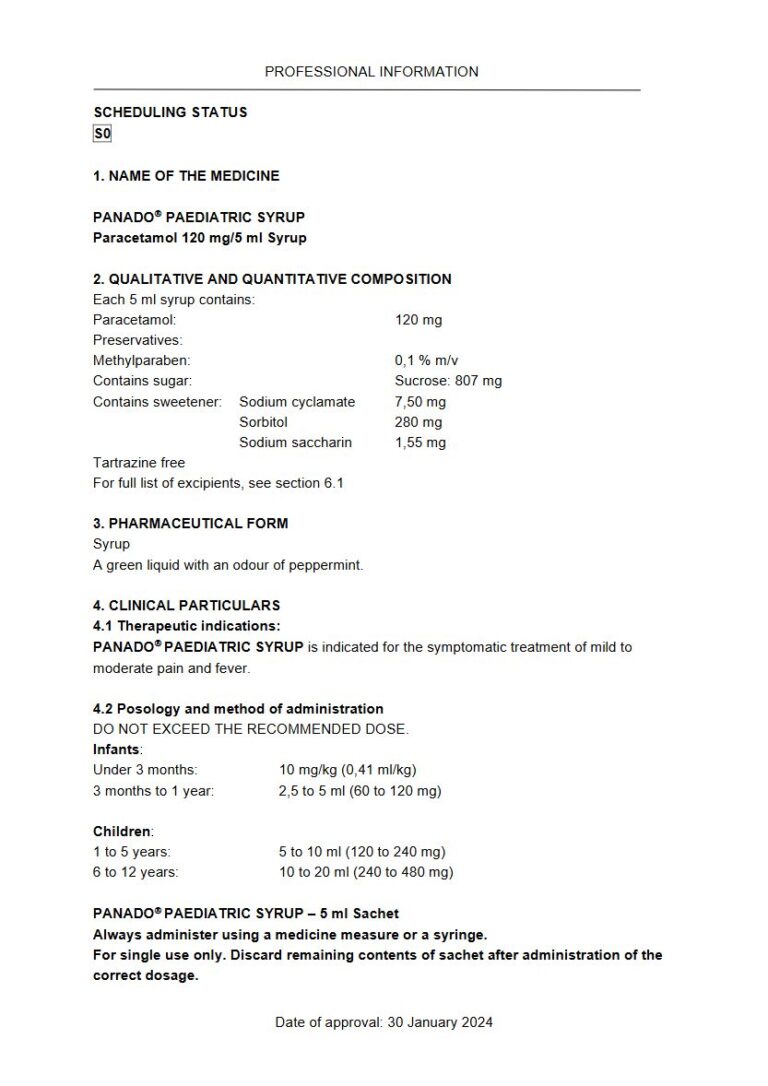 Panado Paediatric Syrup 120 mg/5 ml Syrup package insert preview