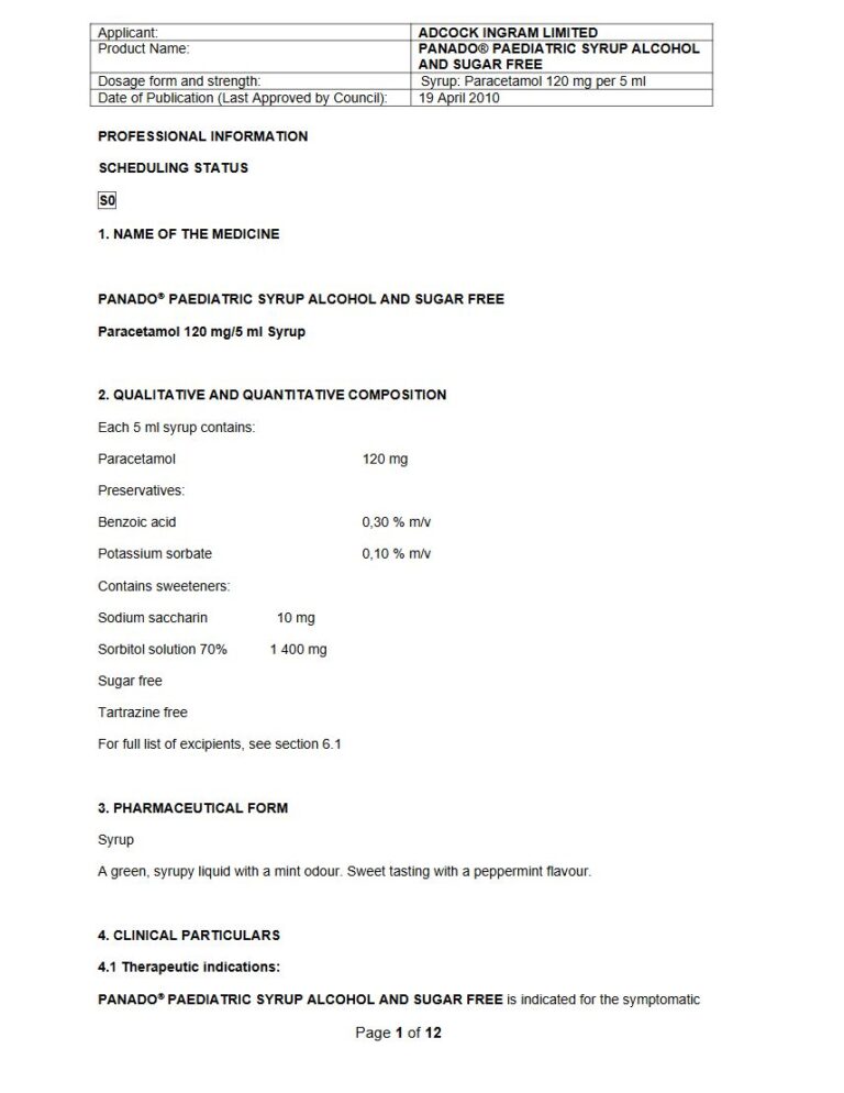 Panado Paediatric Syrup Alcohol And Sugar Free 120 mg/5 ml Syrup package insert preview
