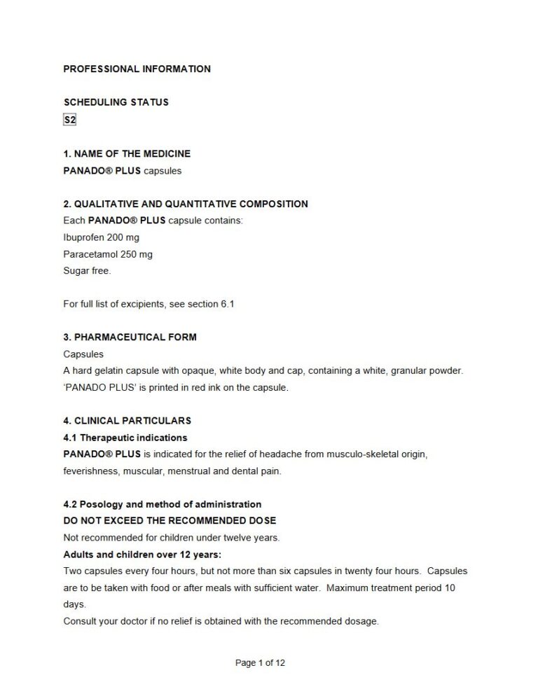 Panado Plus 200 mg, 250 mg Capsules package insert preview