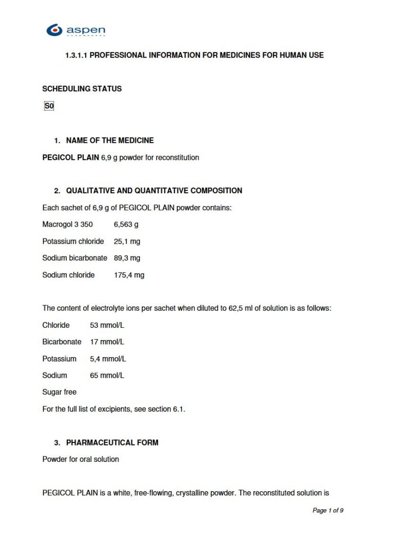 Pegicol Plain 6.9 g Powder for oral solution package insert preview