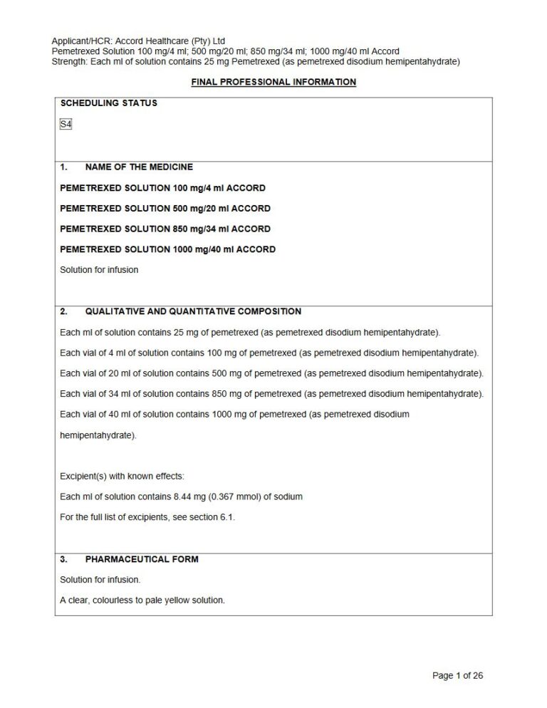Pemetrexed Solution Accord package insert preview