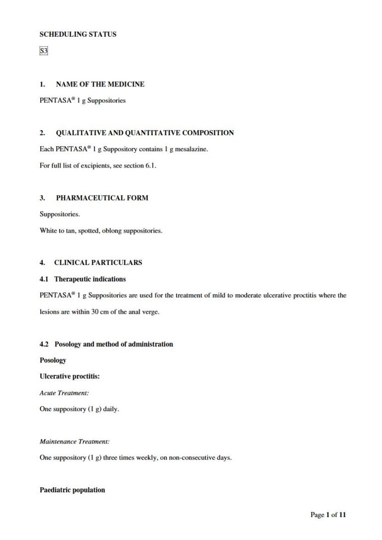 Pentasa 1 1 g Suppositories. package insert preview