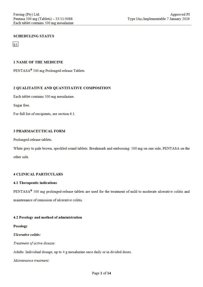Pentasa 500 Mg Tablets package insert preview