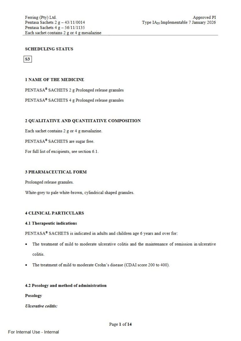 Pentasa Sachets 2 g Prolonged release granules. package insert preview