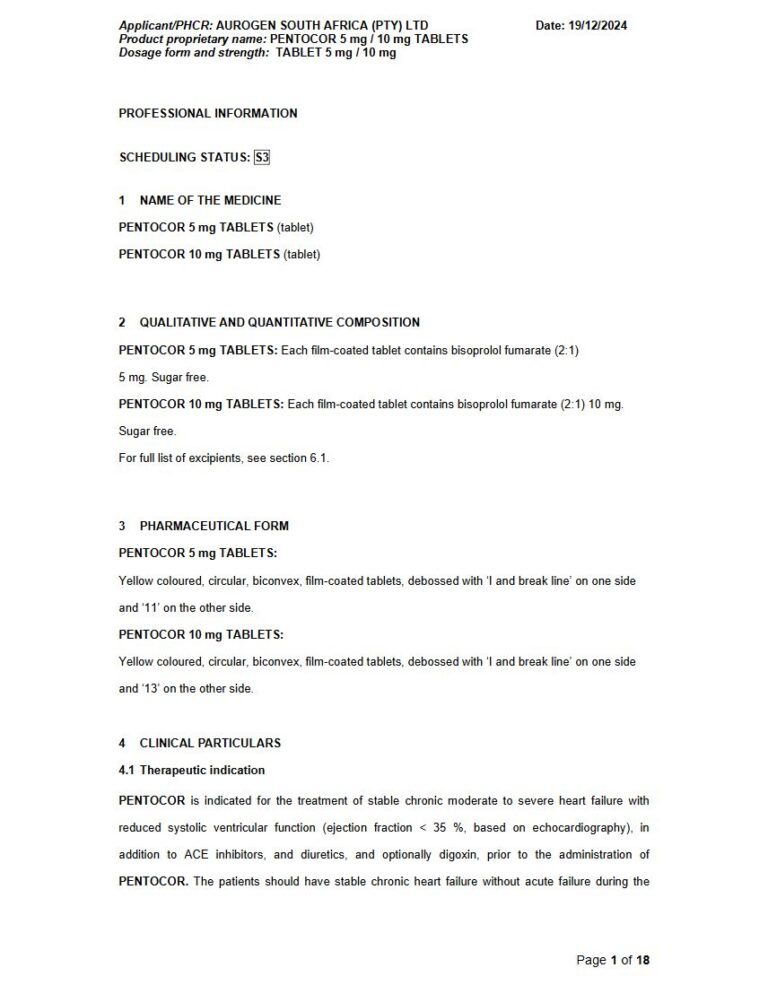 Pentocor 5 Mg/10 Mg Tablets package insert preview