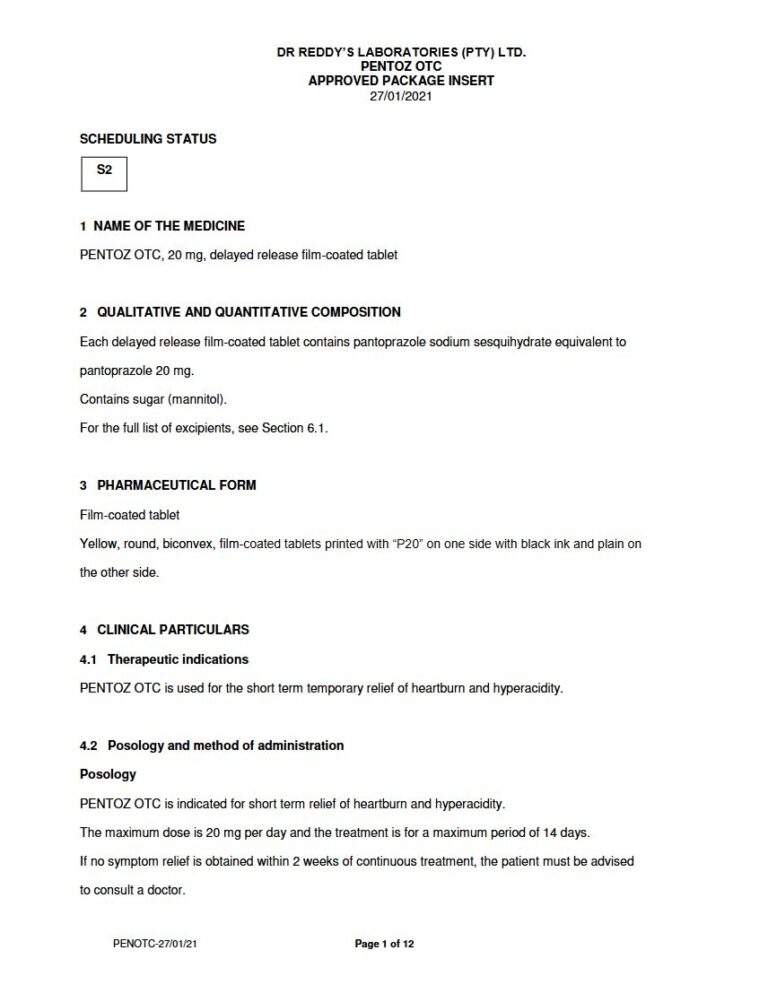 Pentoz Otc 20mg delayed release FC tablet package insert preview