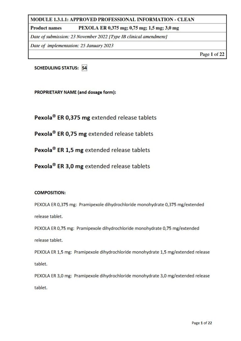 Pexola Er 0,375 mg; 0,75 mg; 1,5 mg; 3,0 mg XR tablets package insert preview