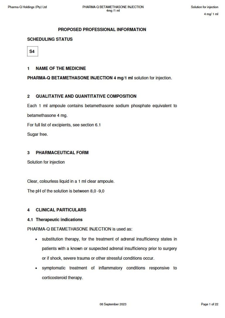 Pharma-Q Betamethasone Injection 4mg /1 ml Solution for injection package insert preview