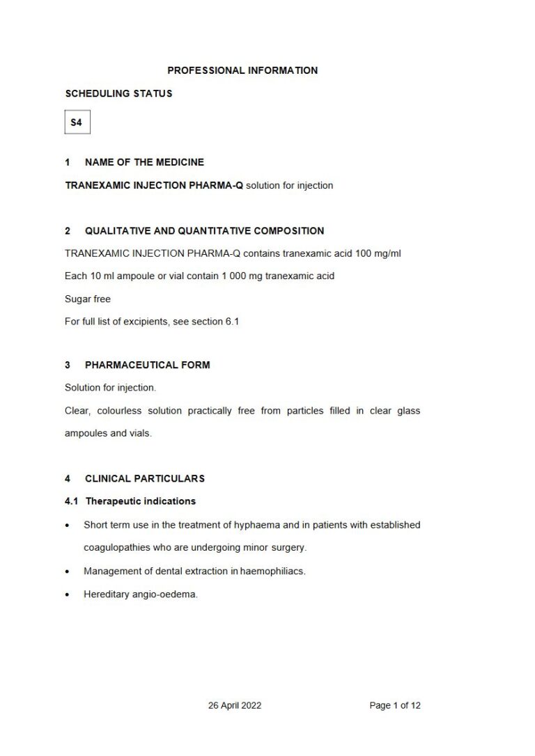 Pharma-Q Tranexamic 1000 mg Injection package insert preview