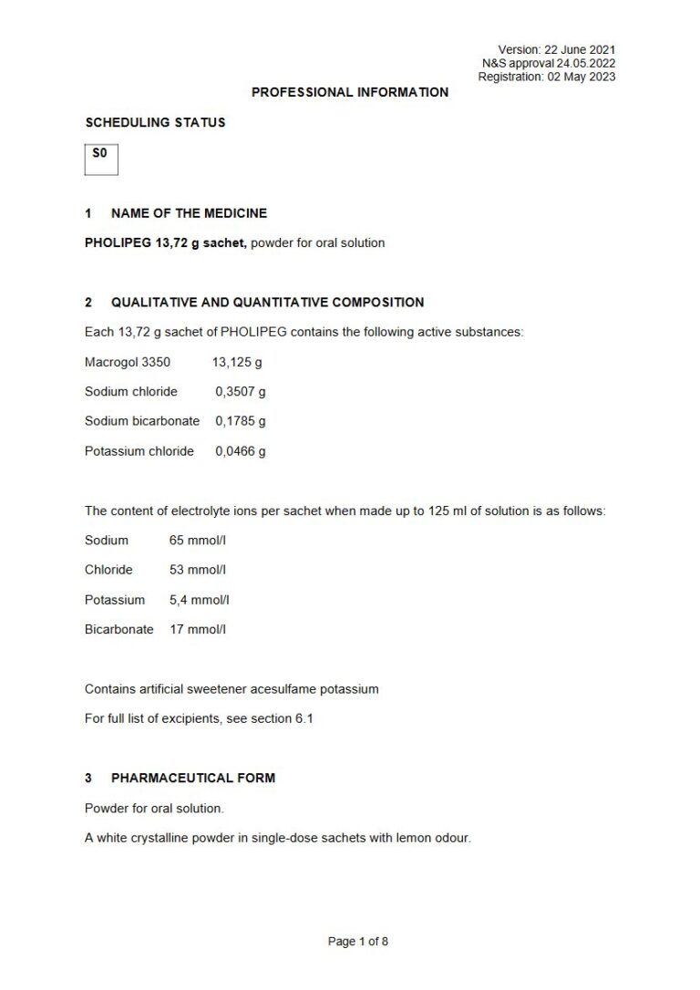 Pholipeg 13,125 g/0,3507 g/0,1785 g/0,0466 g Oral Solution package insert preview