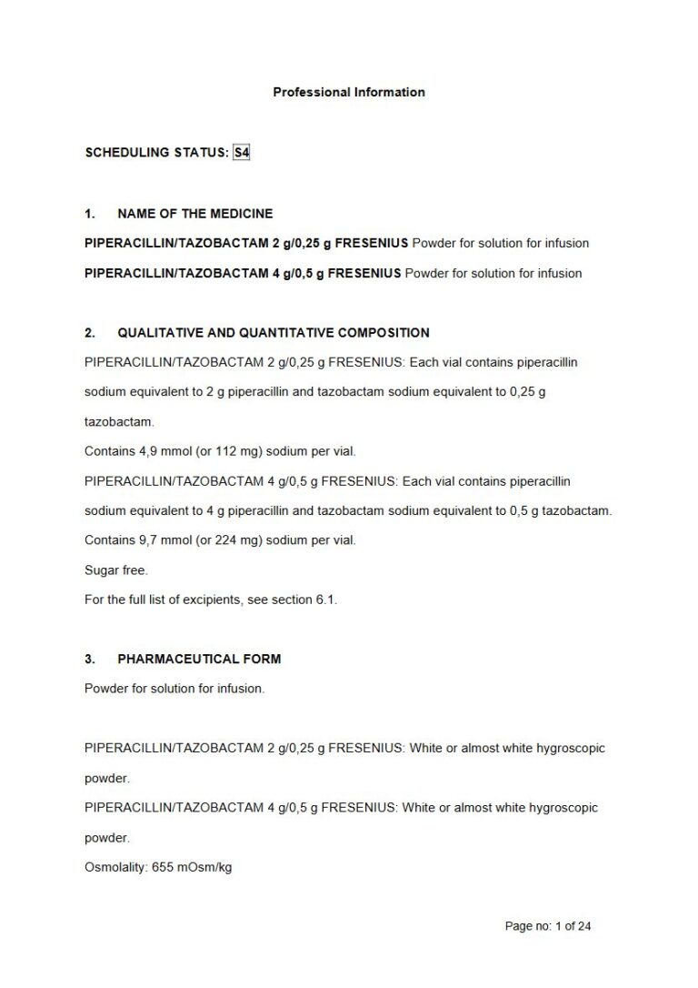 Piperacillin/Tazobactam 2 G/0,25 G/4 G/0,5 G Solution package insert preview