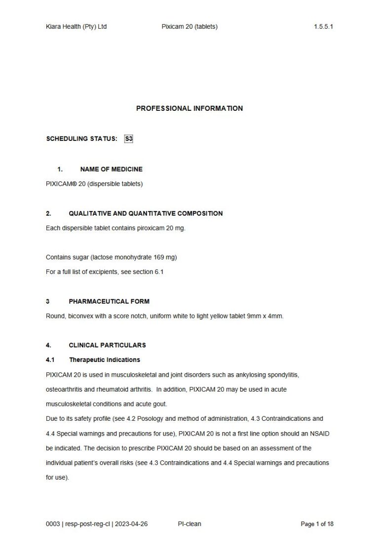 Pixicam 20 mg. Dispersible tablets package insert preview