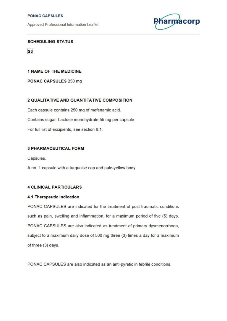 Ponac Capsules 250 mg Capsules package insert preview
