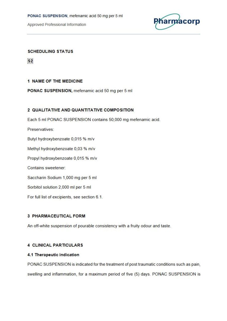 Ponac Suspension. 50 mg per 5 ml SUSPENSION package insert preview