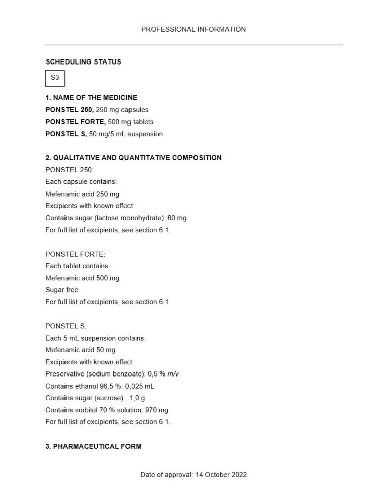 Ponstel 250 mg/500 mg/50 mg/5 ml Tablets package insert preview