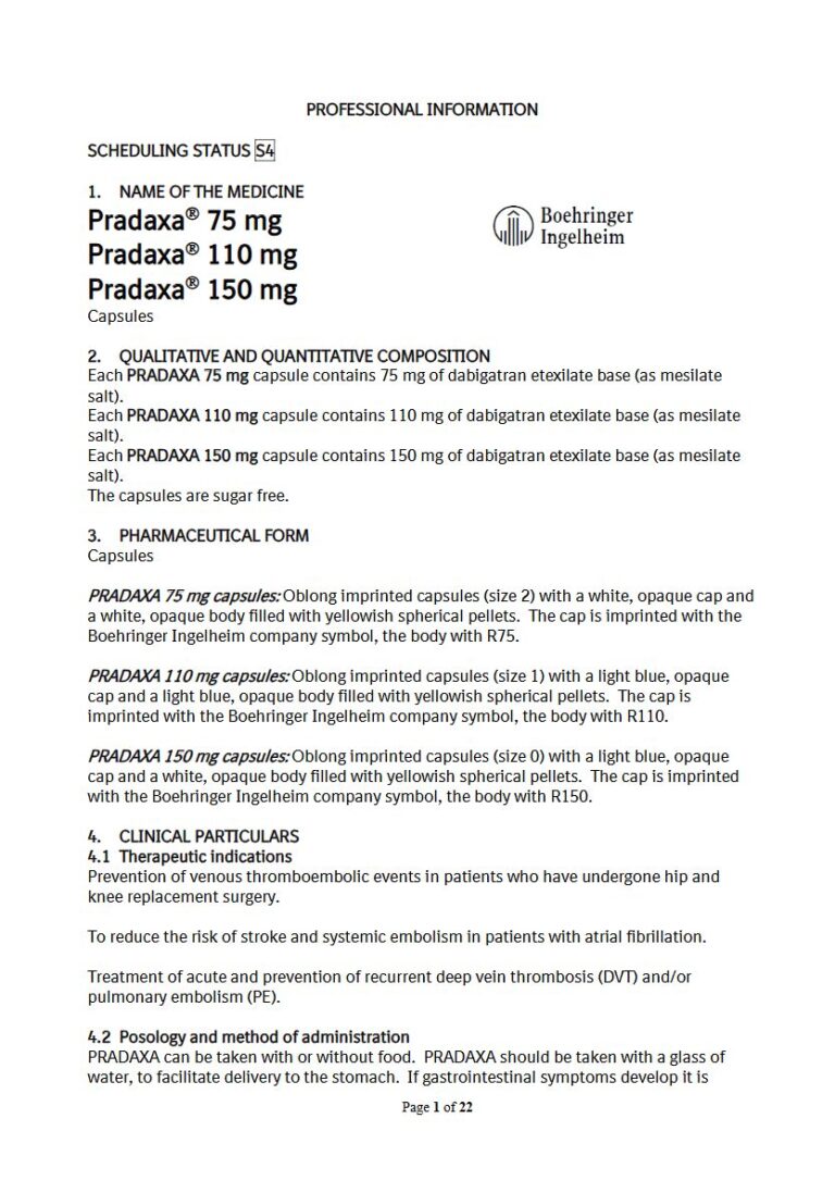 Pradaxa 75 mg, 110 mg, 150 mg Capsule package insert preview