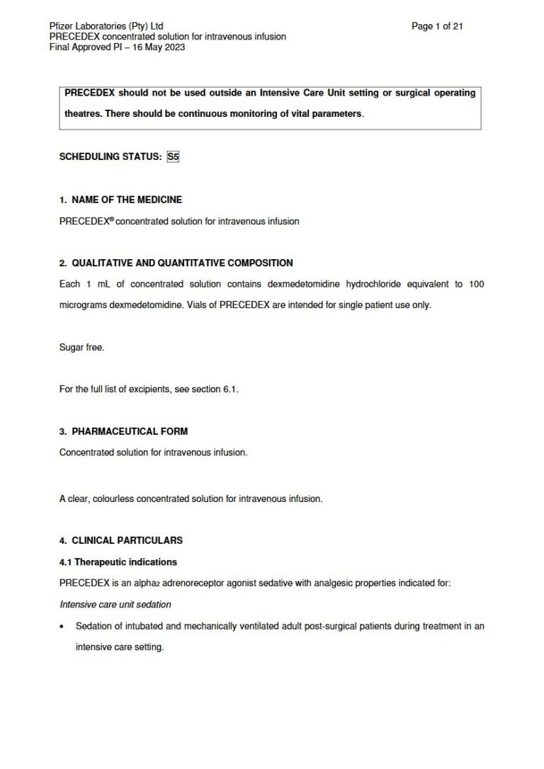 Precedex 1 mL Concentrated solution for intravenous infusion. package insert preview