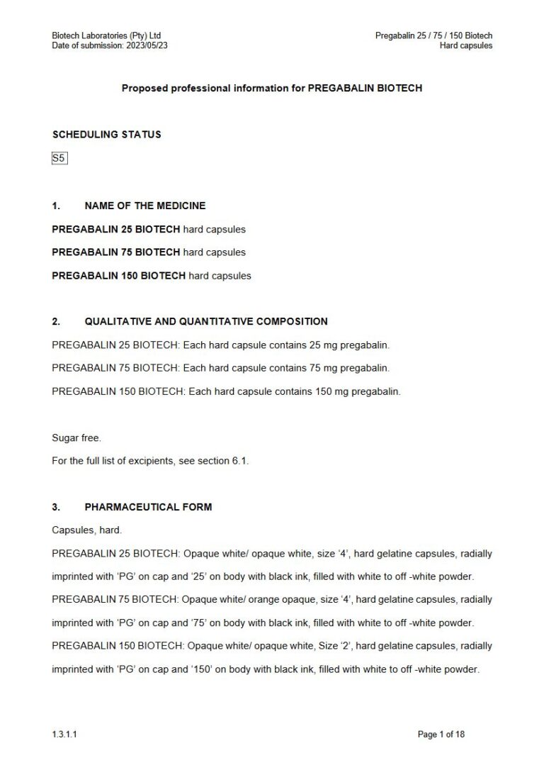 Pregabalin 25 / 75 / 150 Biotech 25 / 75 / 150 Capsules, hard. package insert preview