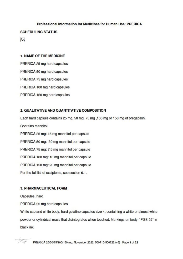 Prerica 25 mg, 50 mg, 75 mg ,100 mg or 150 mg Capsules, hard package insert preview
