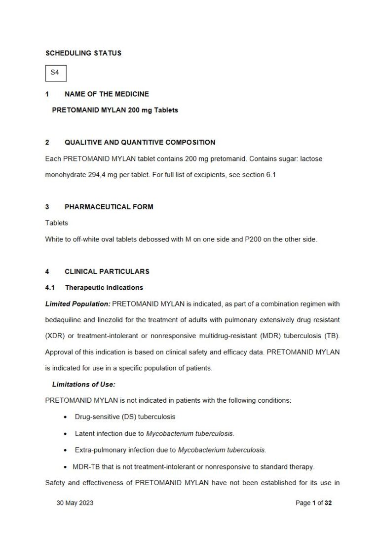 Pretomanid Mylan 200 mg Tablets package insert preview