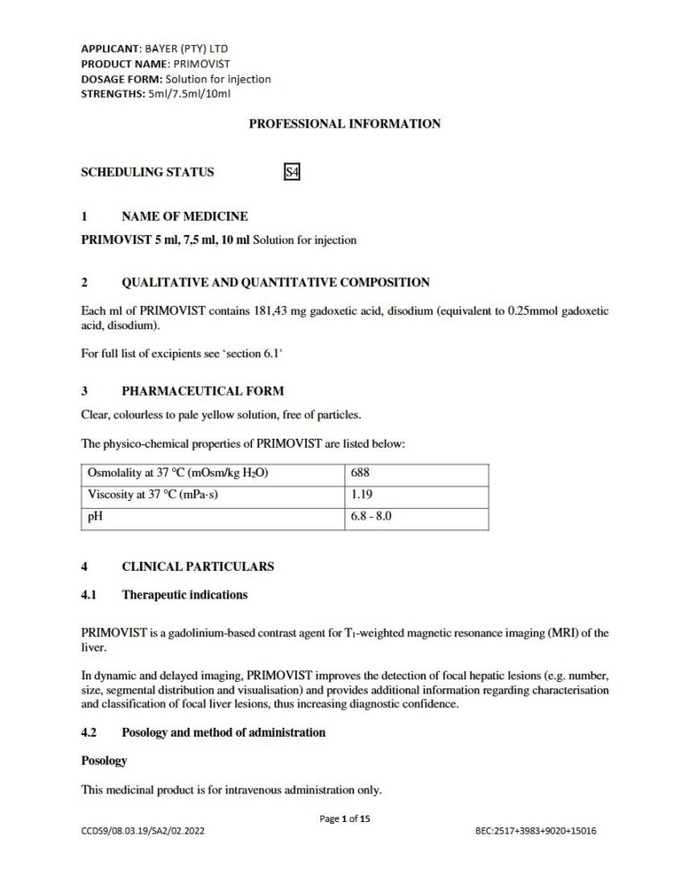 Primovist 5 ml. 7.5 ml. 10 ml Solution for injection package insert preview