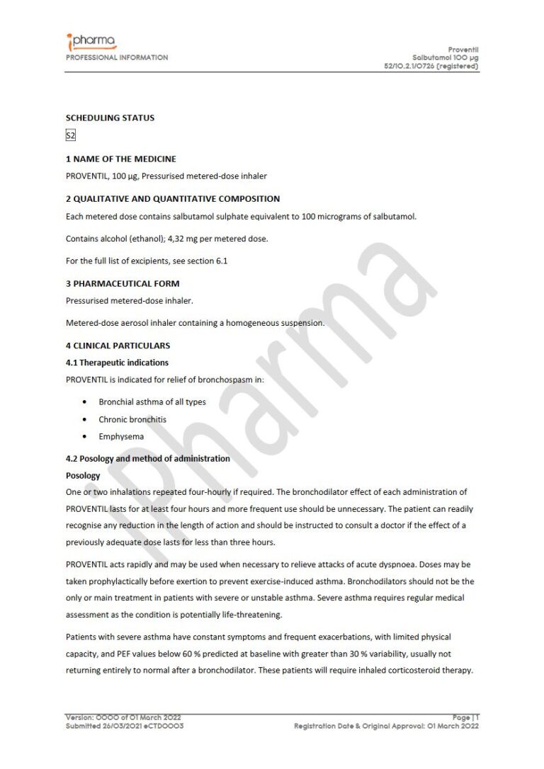 Proventil 100 aµg Pressurised metered-dose inhaler. package insert preview