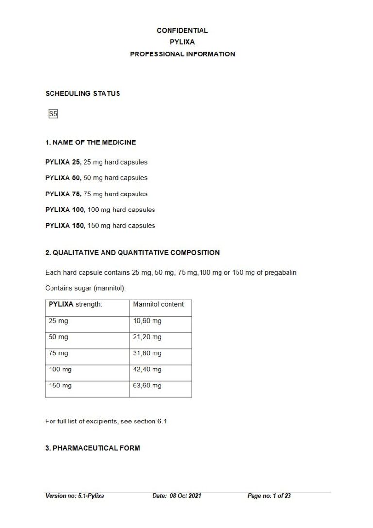 Pylixa 25 mg. 50 mg. 75 mg. 100 mg. 150 mg Capsules. hard package insert preview
